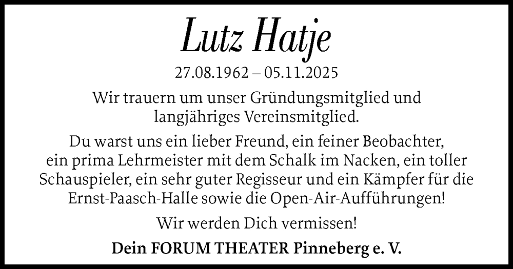  Traueranzeige für Lutz Hatje vom 20.12.2025 aus Region Pinneberg und tip Pinneberg