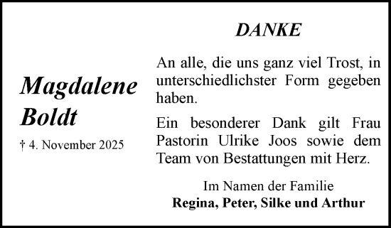 Traueranzeige von Magdalene Boldt von Flensburger Tageblatt