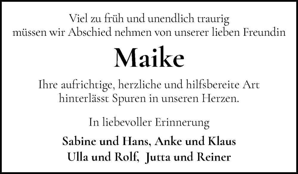  Traueranzeige für Maike  vom 20.12.2025 aus Eckernförder Zeitung, Hallo Eckernförde