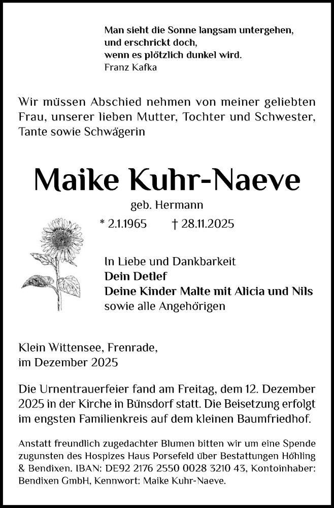  Traueranzeige für Maike Kuhr-Naeve vom 13.12.2025 aus Hallo Eckernförde