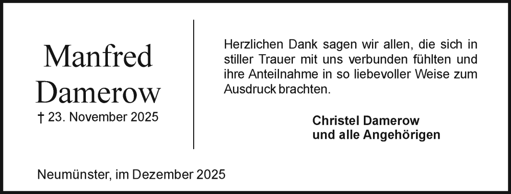  Traueranzeige für Manfred Damerow vom 13.12.2025 aus Holsteinischer Courier
