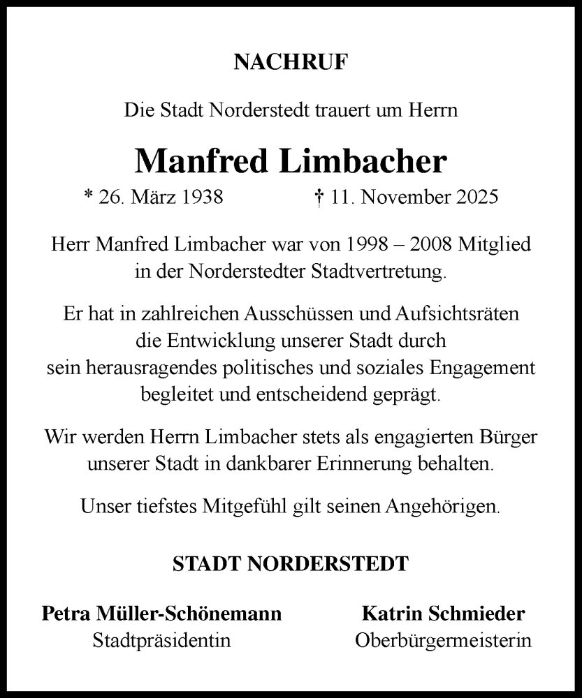  Traueranzeige für Manfred Limbacher vom 06.12.2025 aus Heimatspiegel