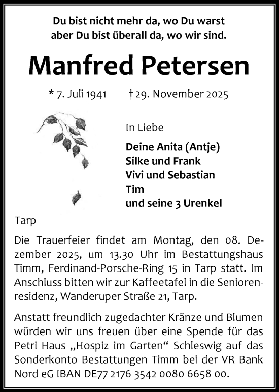 Traueranzeige von Manfred Petersen von Flensburger Tageblatt, Schleswiger Nachrichten, Schlei-Bote