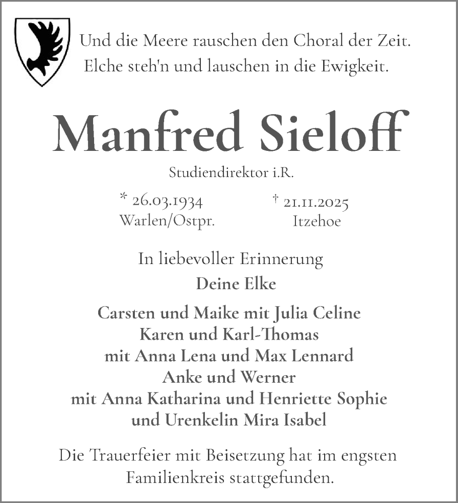  Traueranzeige für Manfred Sieloff vom 13.12.2025 aus Norddeutsche Rundschau, Wilstersche Zeitung, Glückstädter Fortuna