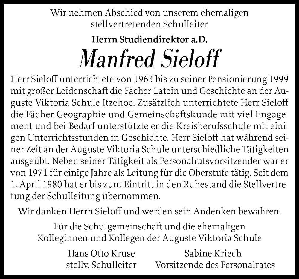 Traueranzeige für Manfred Sieloff vom 20.12.2025 aus Norddeutsche Rundschau, Wilstersche Zeitung, Glückstädter Fortuna