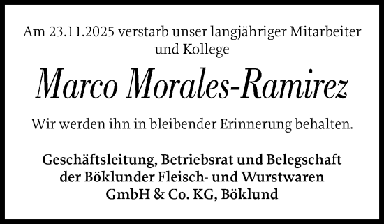 Traueranzeige von Marco Morales-Ramirez von Schleswiger Nachrichten, Schlei-Bote