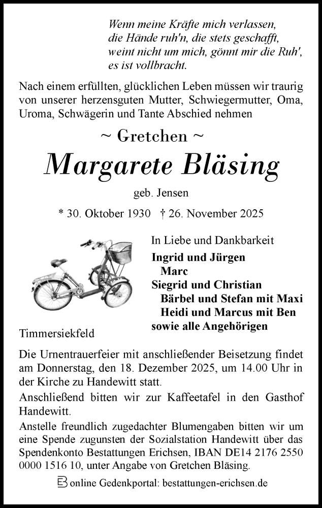  Traueranzeige für Margarete Bläsing vom 03.12.2025 aus Flensburger Tageblatt