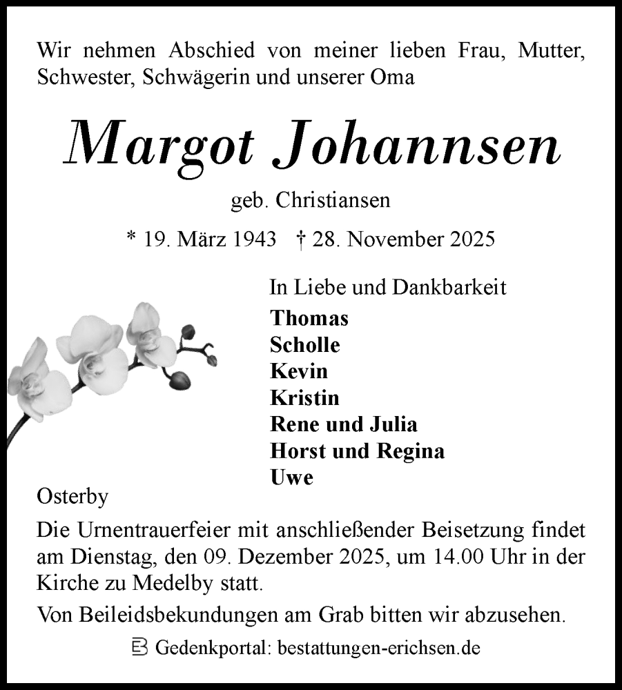  Traueranzeige für Margot Johannsen vom 06.12.2025 aus Flensburger Tageblatt