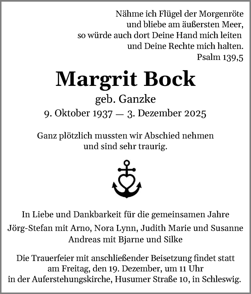  Traueranzeige für Margrit Bock vom 13.12.2025 aus Schleswiger Nachrichten, Schlei-Bote