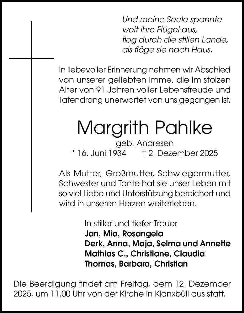  Traueranzeige für Margrith Pahlke vom 10.12.2025 aus Husumer Nachrichten, Nordfriesland Tageblatt