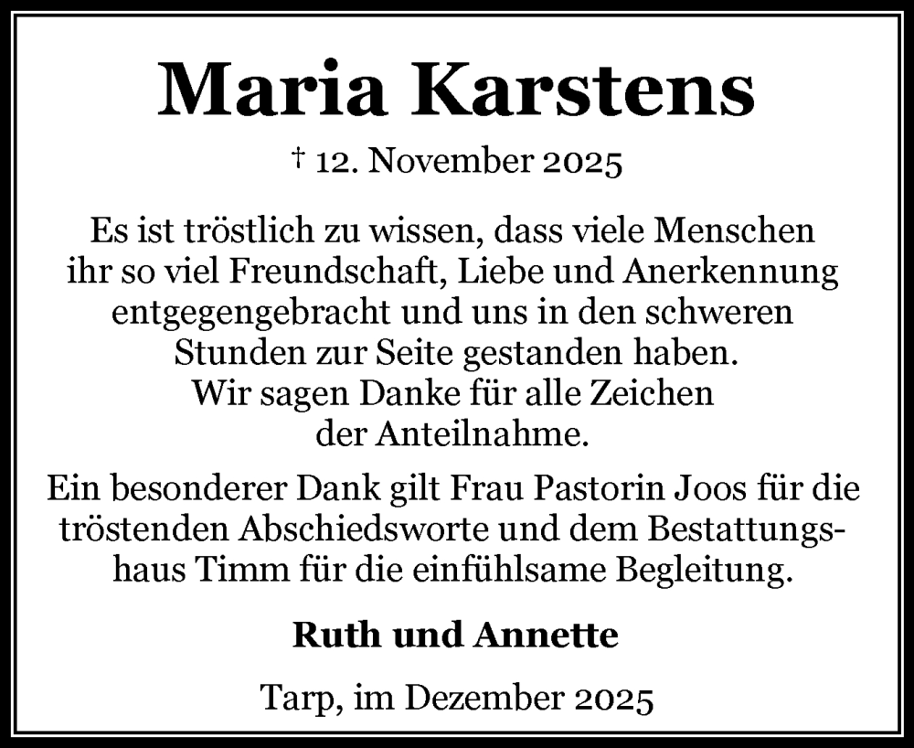  Traueranzeige für Maria Karstens vom 13.12.2025 aus Flensburger Tageblatt