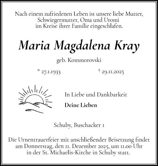 Traueranzeige von Maria Magdalena Kray von Schleswiger Nachrichten, Schlei-Bote