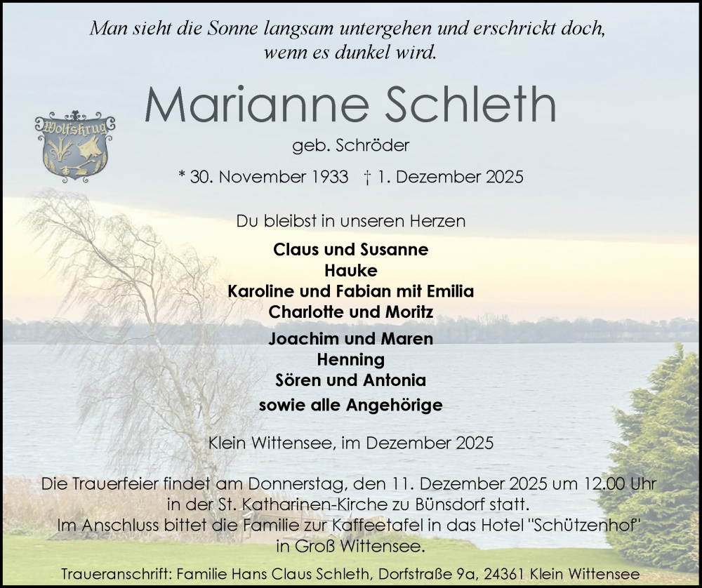  Traueranzeige für Marianne Schleth vom 06.12.2025 aus Schleswig-Holsteinische Landeszeitung