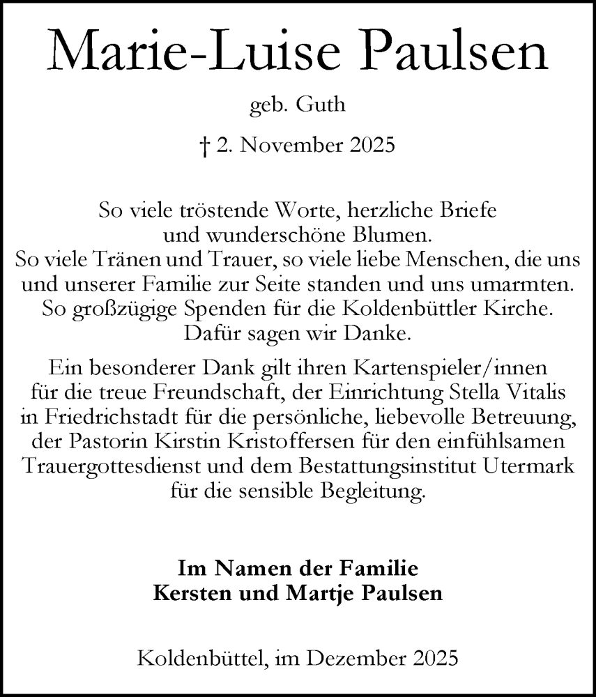  Traueranzeige für Marie-Luise Paulsen vom 13.12.2025 aus Husumer Nachrichten, Nordfriesland Tageblatt