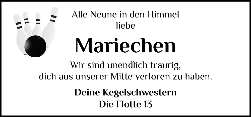  Traueranzeige für Mariechen  vom 06.12.2025 aus Eckernförder Zeitung, Hallo Eckernförde