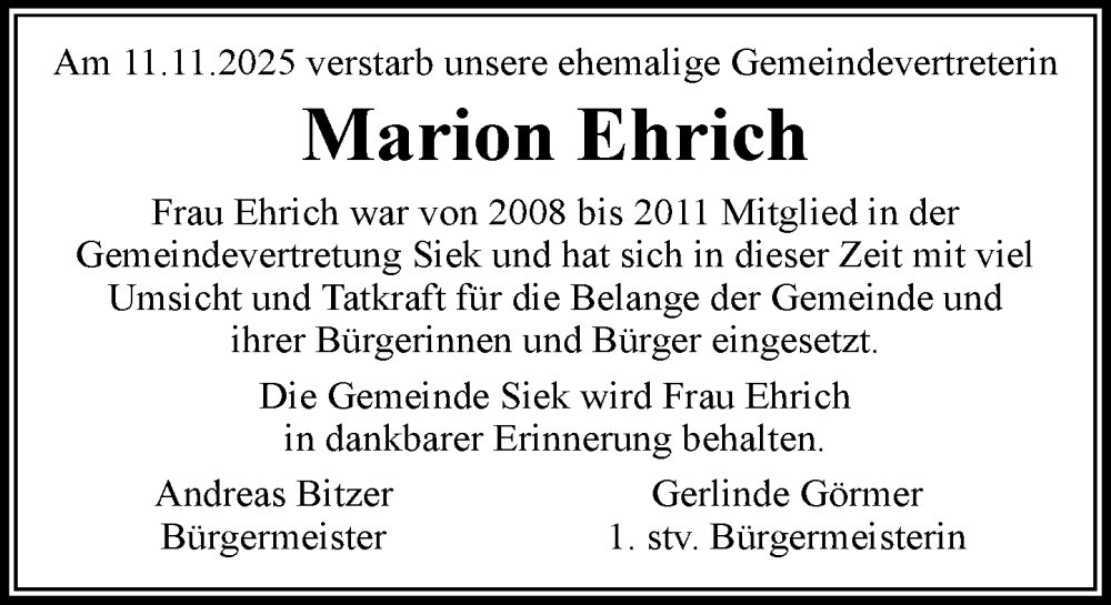  Traueranzeige für Marion Ehrich vom 06.12.2025 aus MARKT Ahrensburg/Bargteheide/Trittau und Stormarner Tageblatt