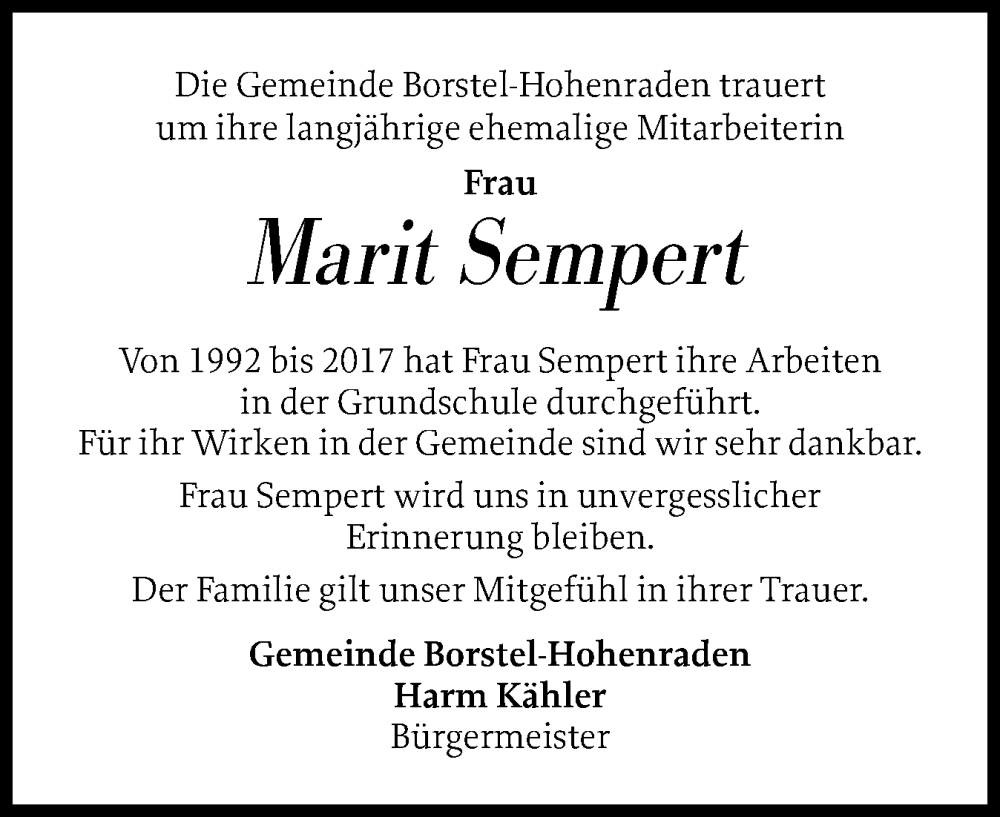 Traueranzeige für Marit Sempert vom 13.12.2025 aus Region Pinneberg und tip Pinneberg