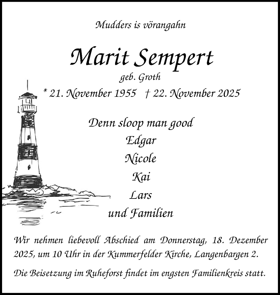  Traueranzeige für Marit Sempert vom 13.12.2025 aus Region Pinneberg und tip Pinneberg