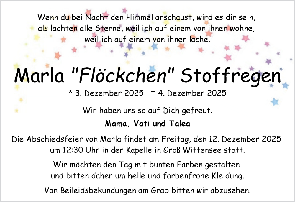  Traueranzeige für Marla Stoffregen vom 13.12.2025 aus Eckernförder Zeitung, Hallo Eckernförde