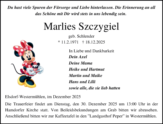 Traueranzeige von Marlies Szczygiel von Schleswig-Holsteinische Landeszeitung