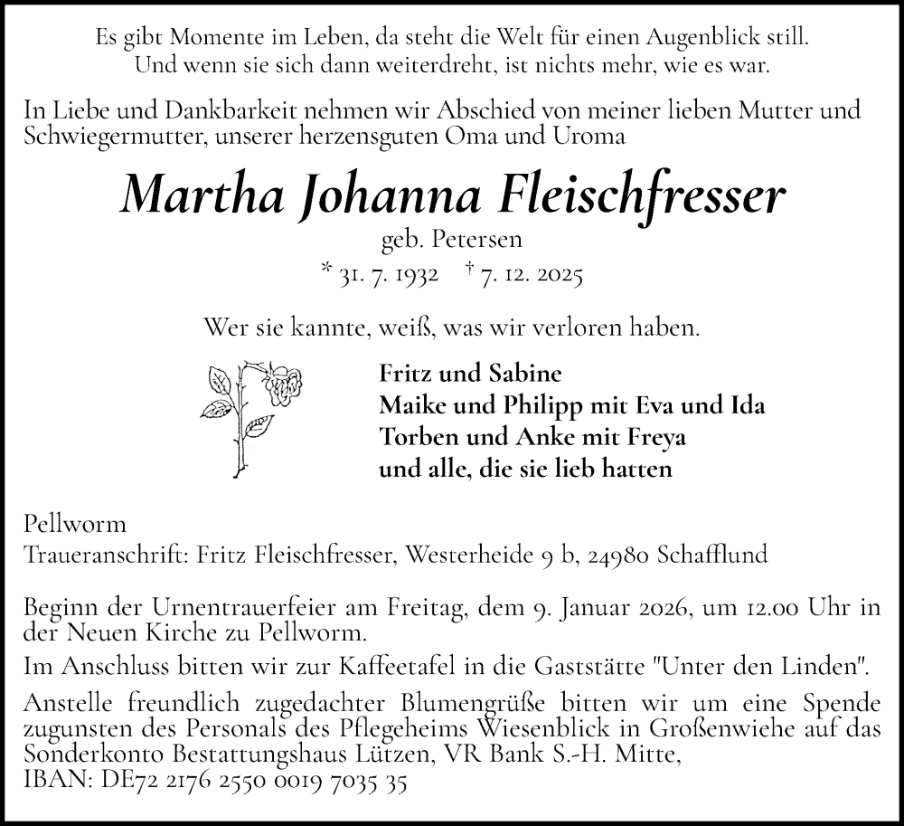  Traueranzeige für Martha Johanna Fleischfresser vom 20.12.2025 aus Husumer Nachrichten, Nordfriesland Tageblatt