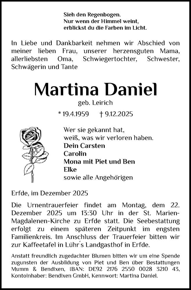  Traueranzeige für Martina Daniel vom 18.12.2025 aus Schleswig-Holsteinische Landeszeitung