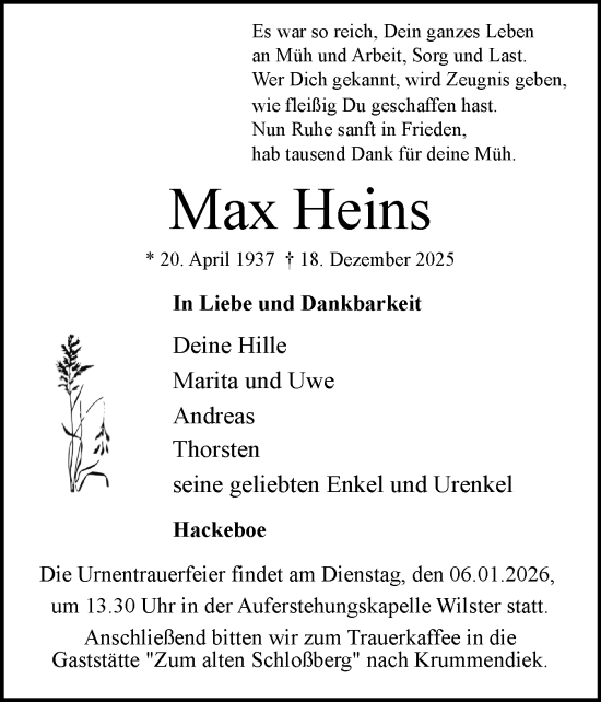 Traueranzeige von Max Heins von Norddeutsche Rundschau, Wilstersche Zeitung, Glückstädter Fortuna