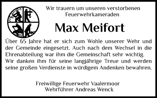 Traueranzeige von Max Meifort von Norddeutsche Rundschau, Wilstersche Zeitung, Glückstädter Fortuna