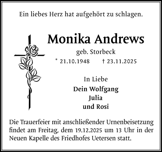 Traueranzeige von Monika Andrews von Uetersener Nachrichten, Der tip am Wochenende