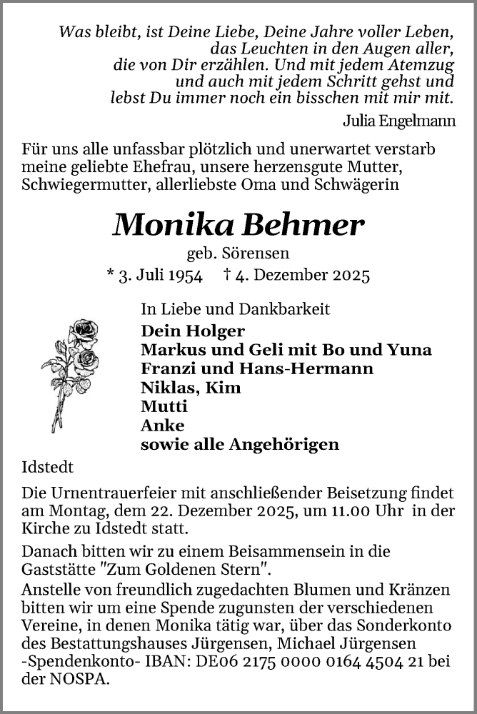  Traueranzeige für Monika Behmer vom 13.12.2025 aus Schleswiger Nachrichten, Schlei-Bote