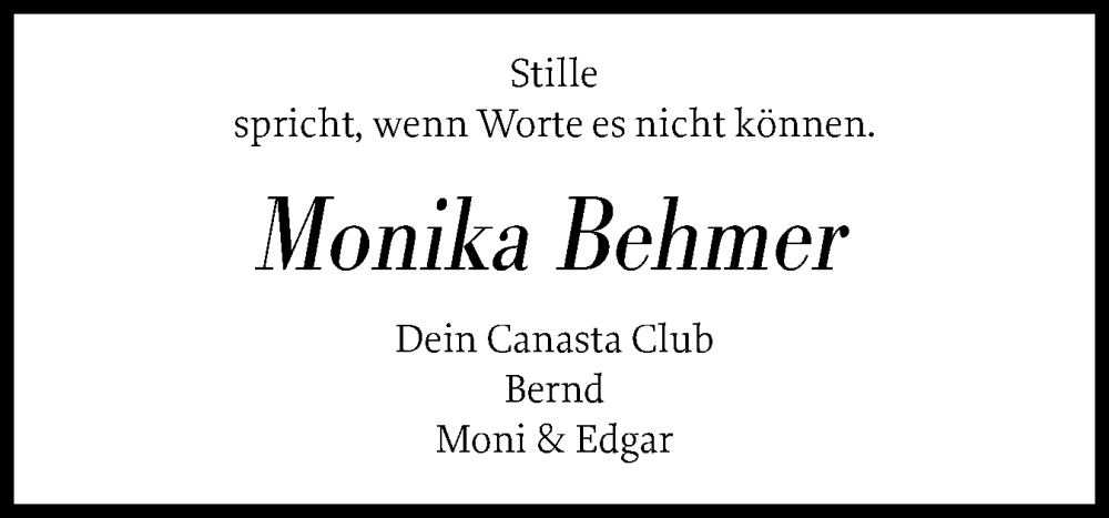  Traueranzeige für Monika Behmer vom 20.12.2025 aus Schleswiger Nachrichten, Schlei-Bote