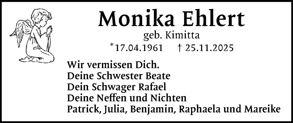  Traueranzeige für Monika Ehlert vom 13.12.2025 aus Eckernförder Zeitung, Hallo Eckernförde