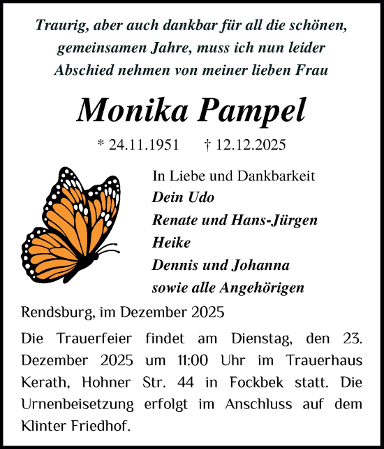 Traueranzeige von Monika Pampel von Schleswig-Holsteinische Landeszeitung