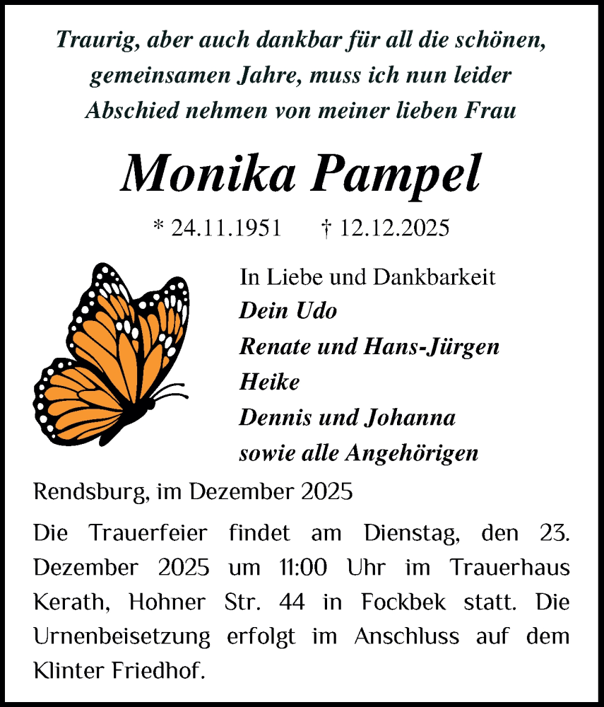  Traueranzeige für Monika Pampel vom 20.12.2025 aus Schleswig-Holsteinische Landeszeitung