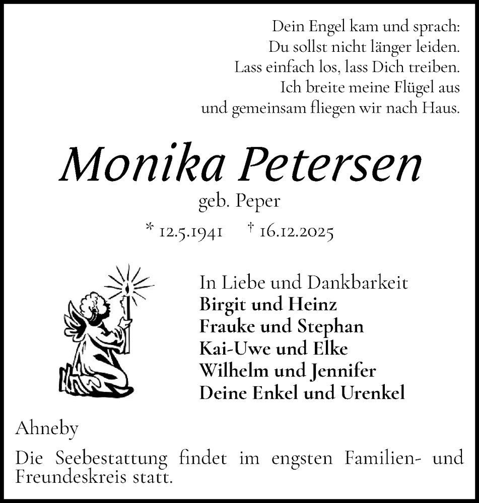  Traueranzeige für Monika Petersen vom 20.12.2025 aus Flensburger Tageblatt