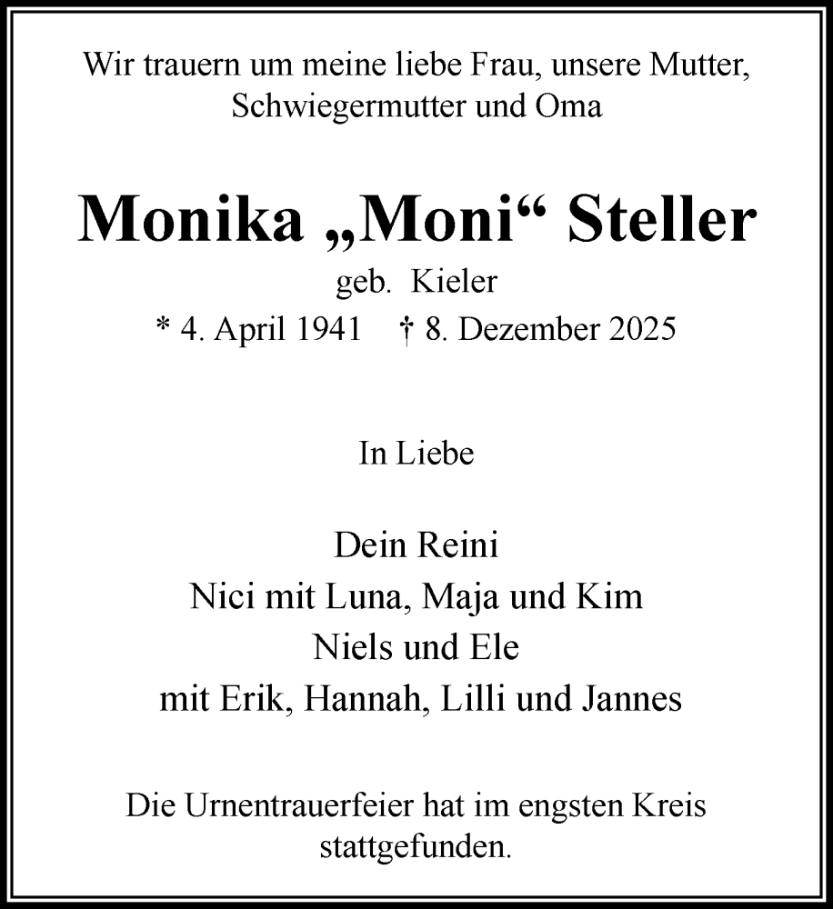  Traueranzeige für Monika Steller vom 20.12.2025 aus MARKT Ahrensburg/Bargteheide/Trittau und Stormarner Tageblatt