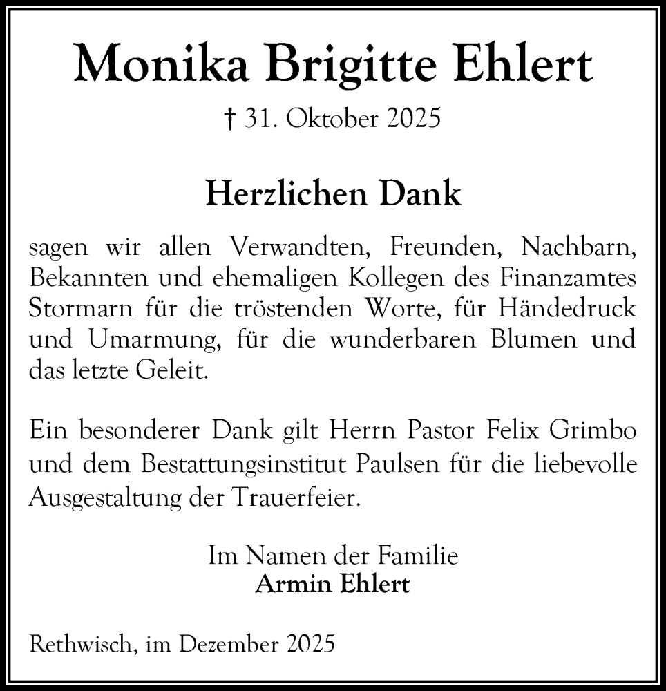  Traueranzeige für Monika Brigitte Ehlert vom 13.12.2025 aus MARKT Bad Oldesloe/Reinfeld und Stormarner Tageblatt