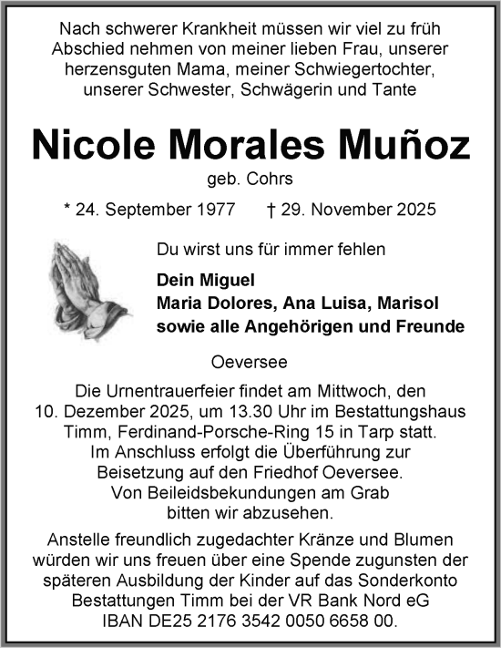 Traueranzeige von Nicole Morales Muñoz von Flensburger Tageblatt