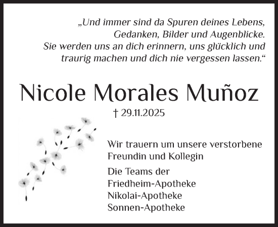 Traueranzeige von Nicole Morales Muñoz von Flensburger Tageblatt