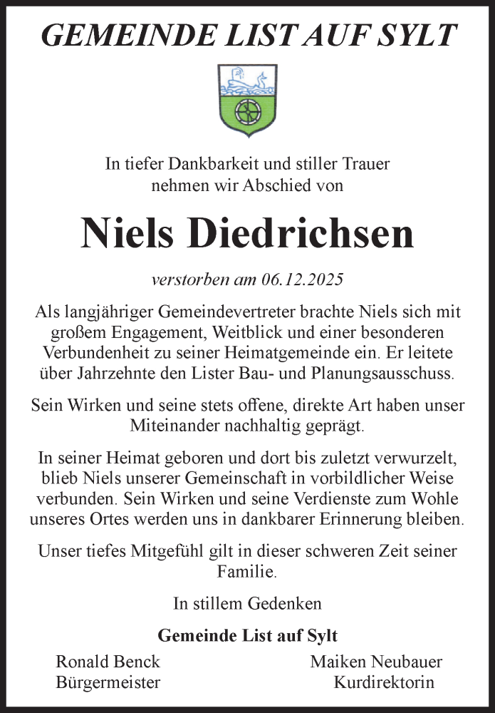  Traueranzeige für Niels Diedrichsen vom 15.12.2025 aus Sylter Rundschau