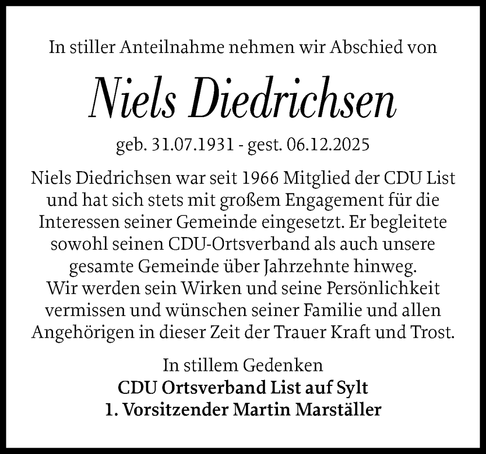  Traueranzeige für Niels Diedrichsen vom 20.12.2025 aus Sylter Rundschau