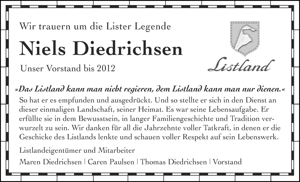  Traueranzeige für Niels Diedrichsen vom 13.12.2025 aus Sylter Rundschau