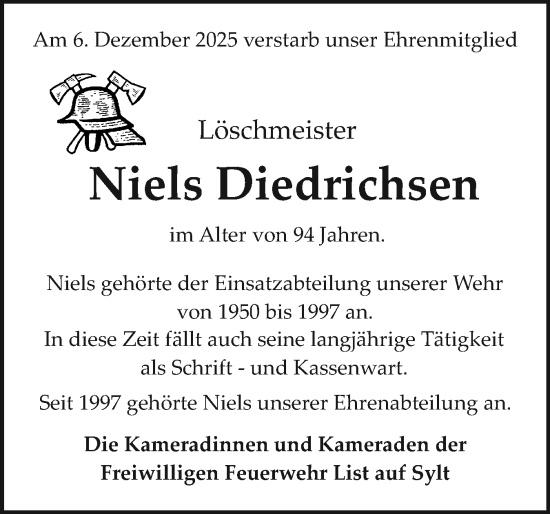 Traueranzeige von Niels Diedrichsen von Sylter Rundschau
