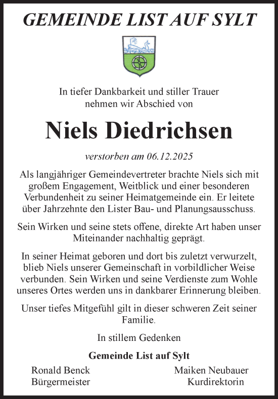 Traueranzeige von Niels Diedrichsen von Sylter Rundschau