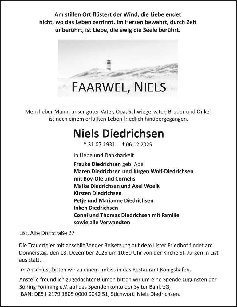  Traueranzeige für Niels Diedrichsen vom 13.12.2025 aus Sylter Rundschau