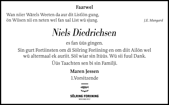 Traueranzeige von Niels Diedrichsen von Sylter Rundschau