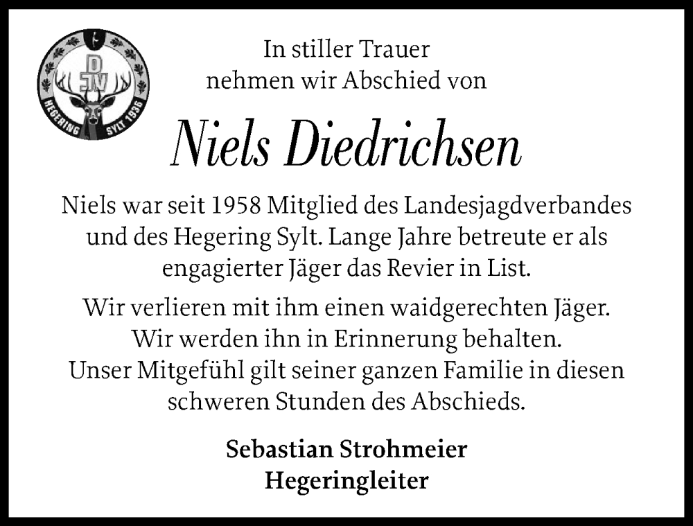  Traueranzeige für Niels Diedrichsen vom 18.12.2025 aus Sylter Rundschau