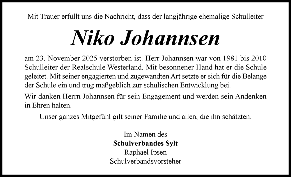  Traueranzeige für Niko Johannsen vom 12.12.2025 aus Sylter Rundschau