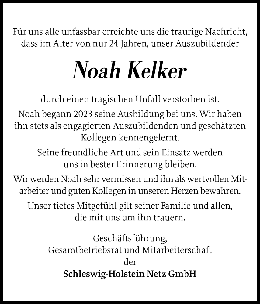  Traueranzeige für Noah Kelker vom 13.12.2025 aus Eckernförder Zeitung, Hallo Eckernförde