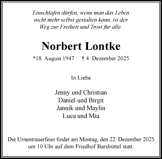 Traueranzeige von Norbert Lontke von MARKT Glinde/Reinfeld